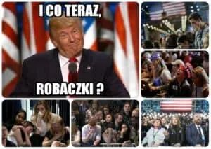 Kolaż memiczny: polityk z mikrofonem i zasmucone tłumy, podpis I co teraz, robaczki