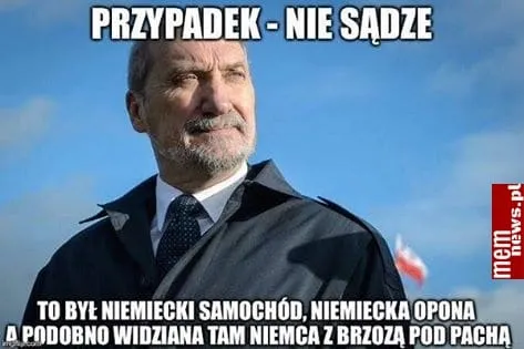 Mem z mężczyzną w płaszczu i podpisem o niemieckim samochodzie oraz oponie