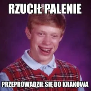 Mem z uśmiechniętym chłopakiem w kraciastej kamizelce, rzucił palenie, przeprowadził się do Krakowa