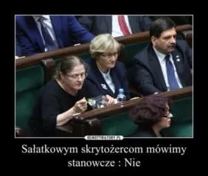 Demotywator z posłanką jedzącą sałatkę w Sejmie: Sałatkowym skrytożercom mówimy stanowcze Nie