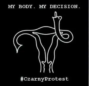 Czarna grafika z macicą z uniesionym środkowym palcem i napisem My body. My decision