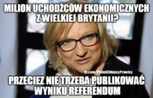 Mem z kobietą w okularach o milionie uchodźców z Wielkiej Brytanii i wyniku referendum