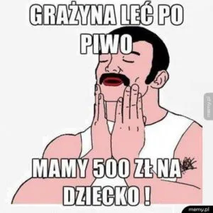 Mem z wąsatym mężczyzną: Grażyna, leć po piwo, mamy 500 zł na dziecko