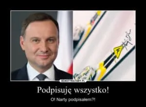 Mem z mężczyzną i zdjęciem nart, podpis Podpisuję wszystko, o, narty podpisałem