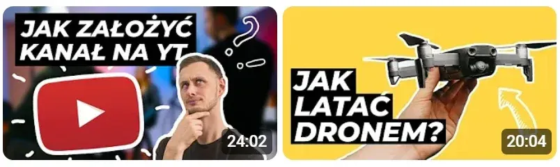Dwie miniaturki z mojego kanału na YouTube: o zakładaniu kanału z twarzą i logo YouTube oraz o lataniu dronem na żółtym tle