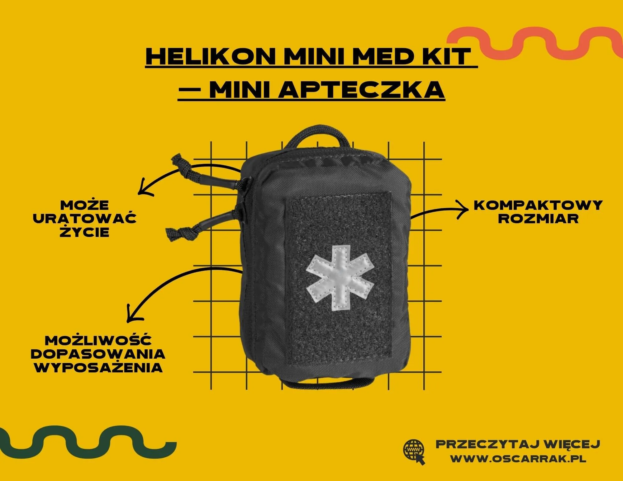 Mała czarna apteczka Helikon Mini Med Kit z opisem zalet, kompaktowy rozmiar