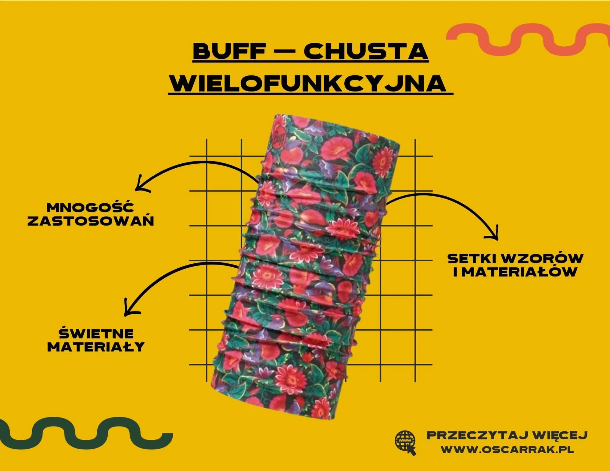 Wielofunkcyjna chusta Buff w kwieciste wzory z opisem zalet
