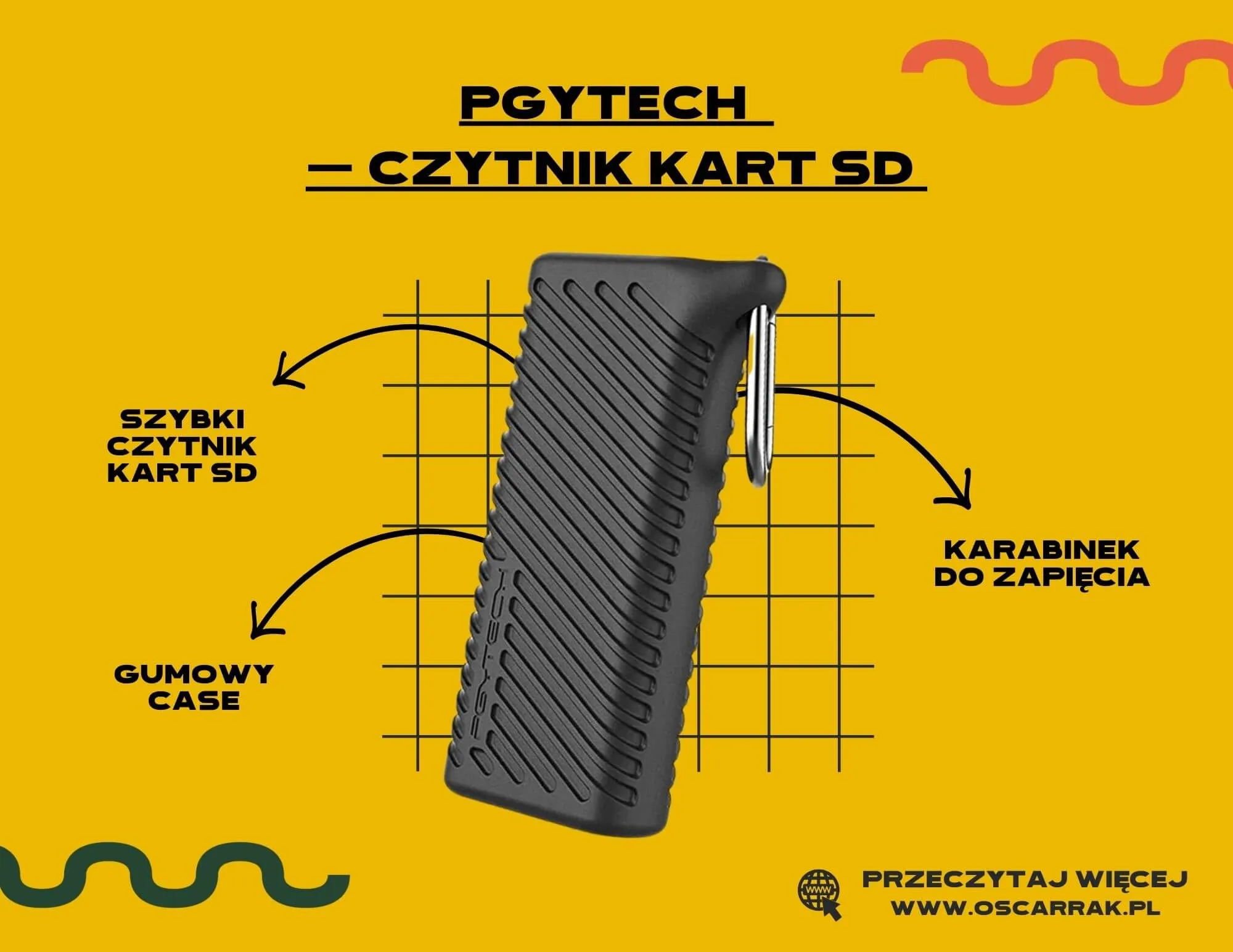 Czytnik kart SD PgyTech w gumowej obudowie z karabinkiem do zapięcia