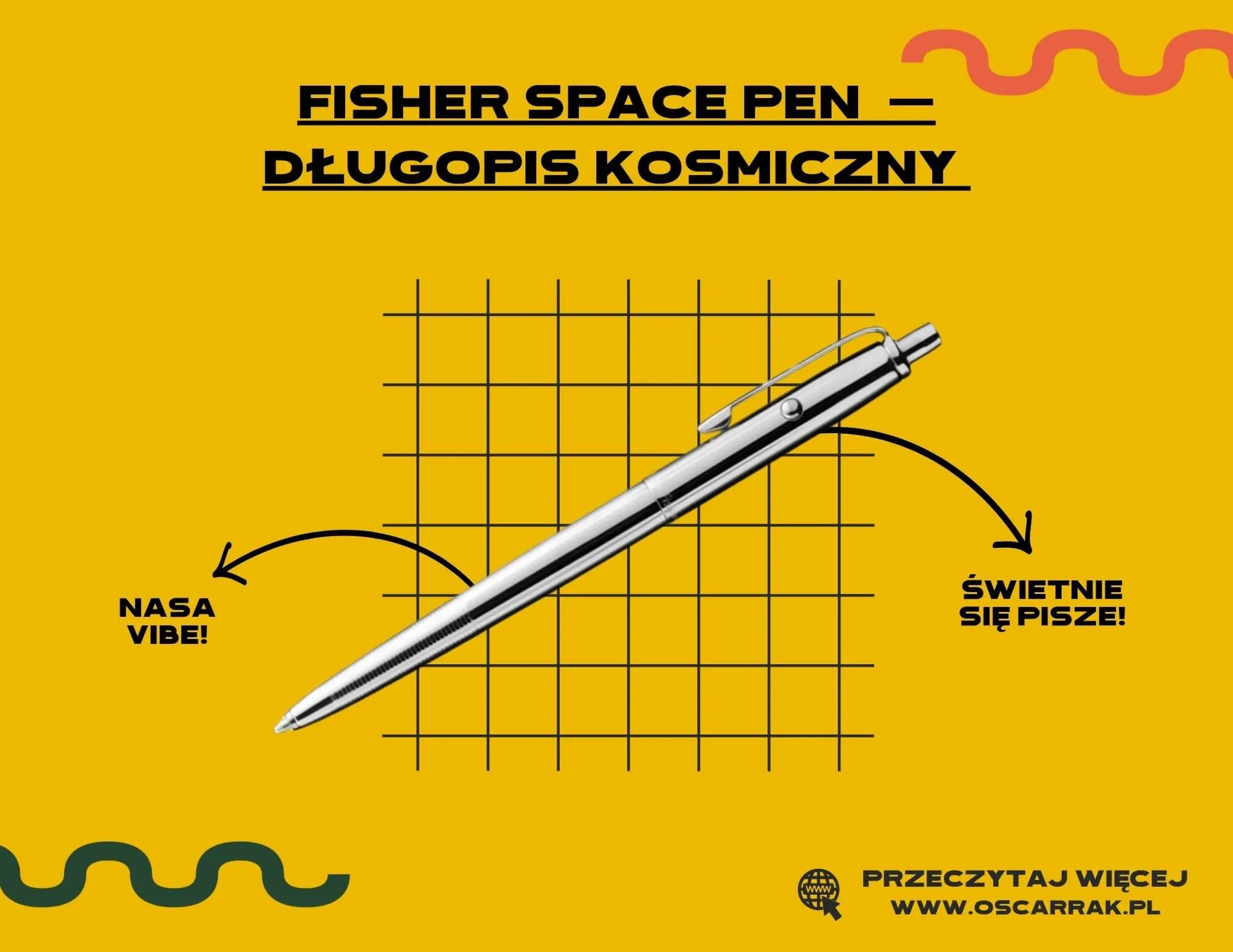 Grafika produktowa srebrnego długopisu Fisher Space Pen z opisem na żółtym tle