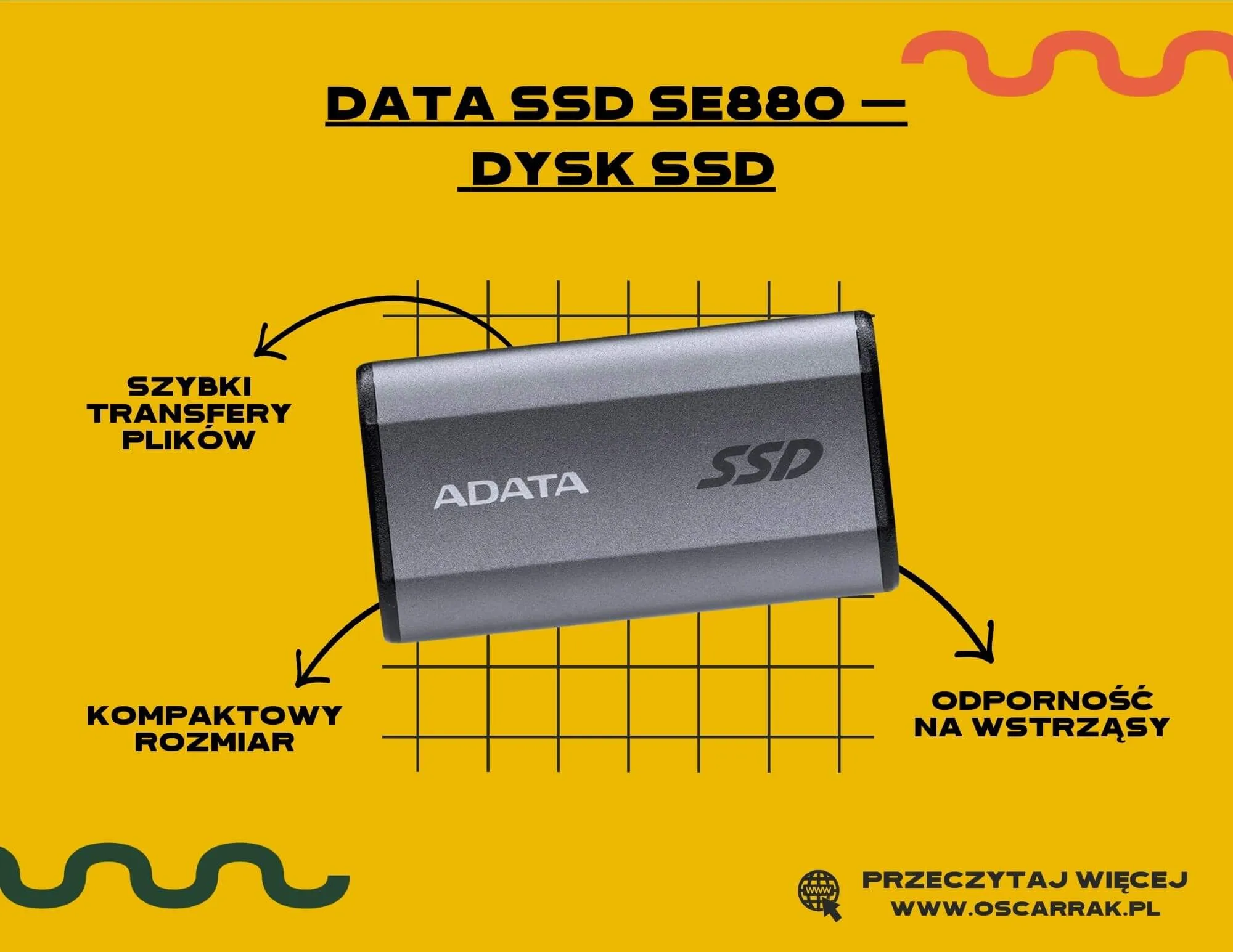 Grafika produktowa dysku SSD ADATA SE880 z opisem zalet na żółtym tle