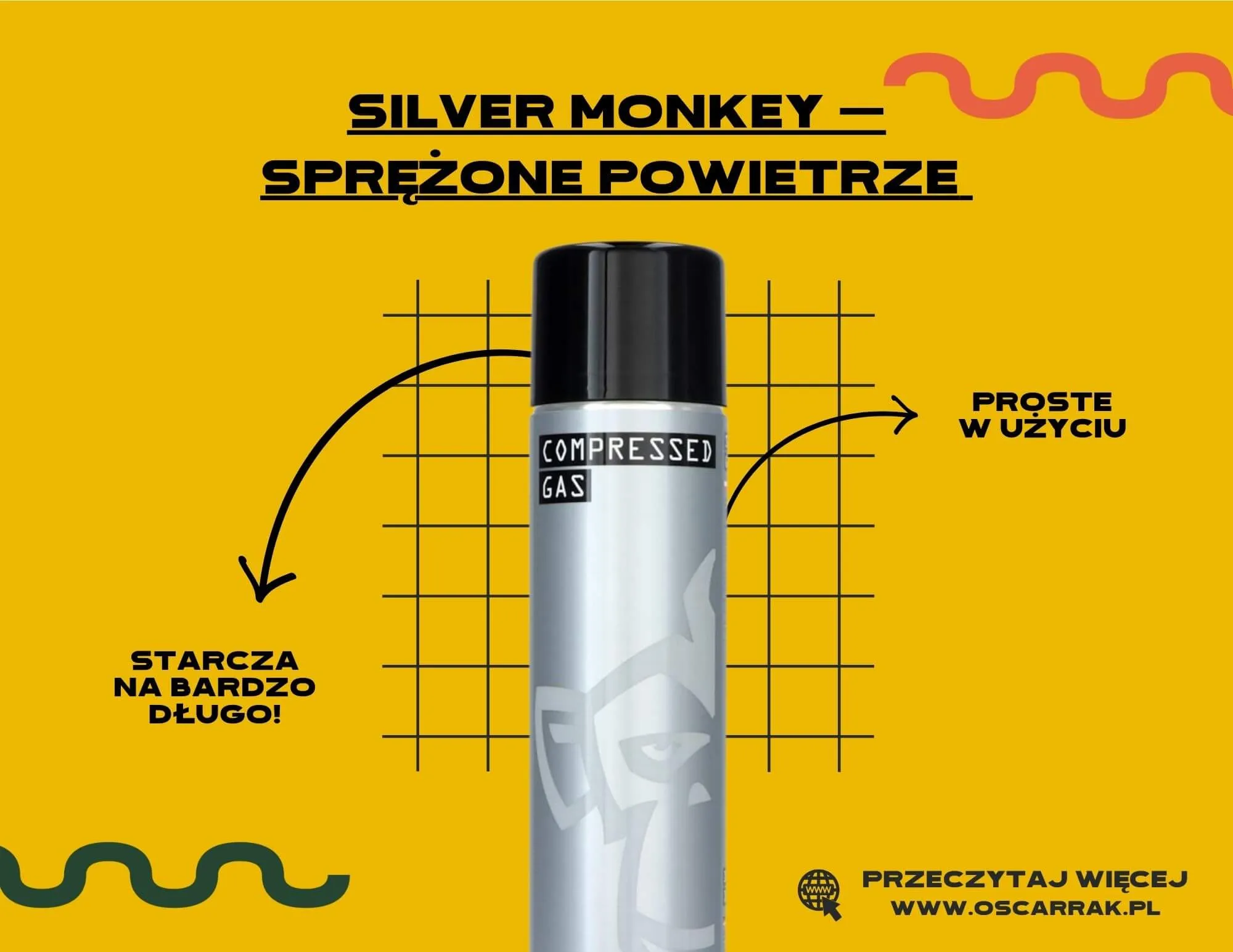 Puszka sprężonego powietrza Silver Monkey na żółtej grafice z opisem zalet