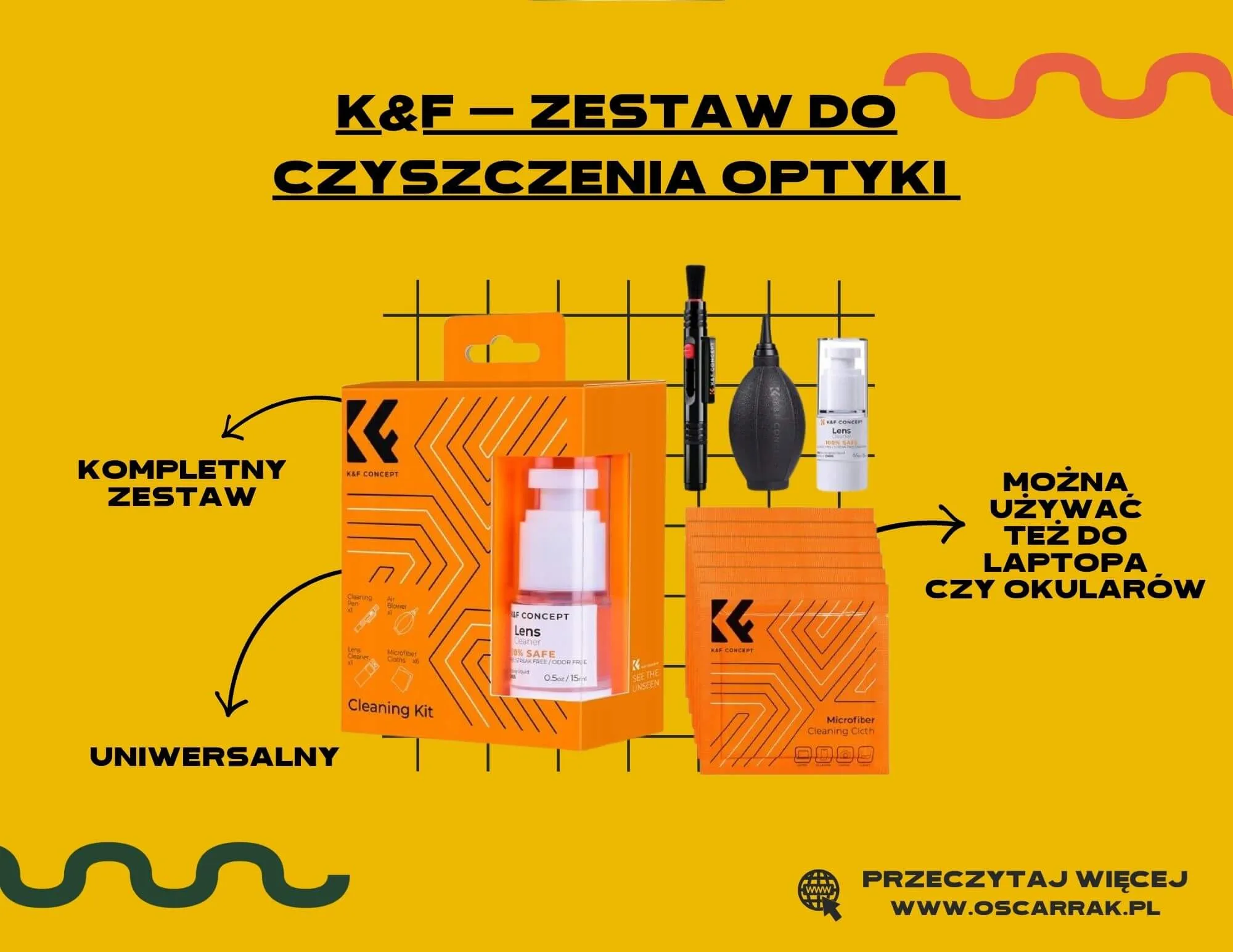 Zestaw K&F do czyszczenia optyki: pudełko, gruszka, pisak i ściereczki z mikrofibry