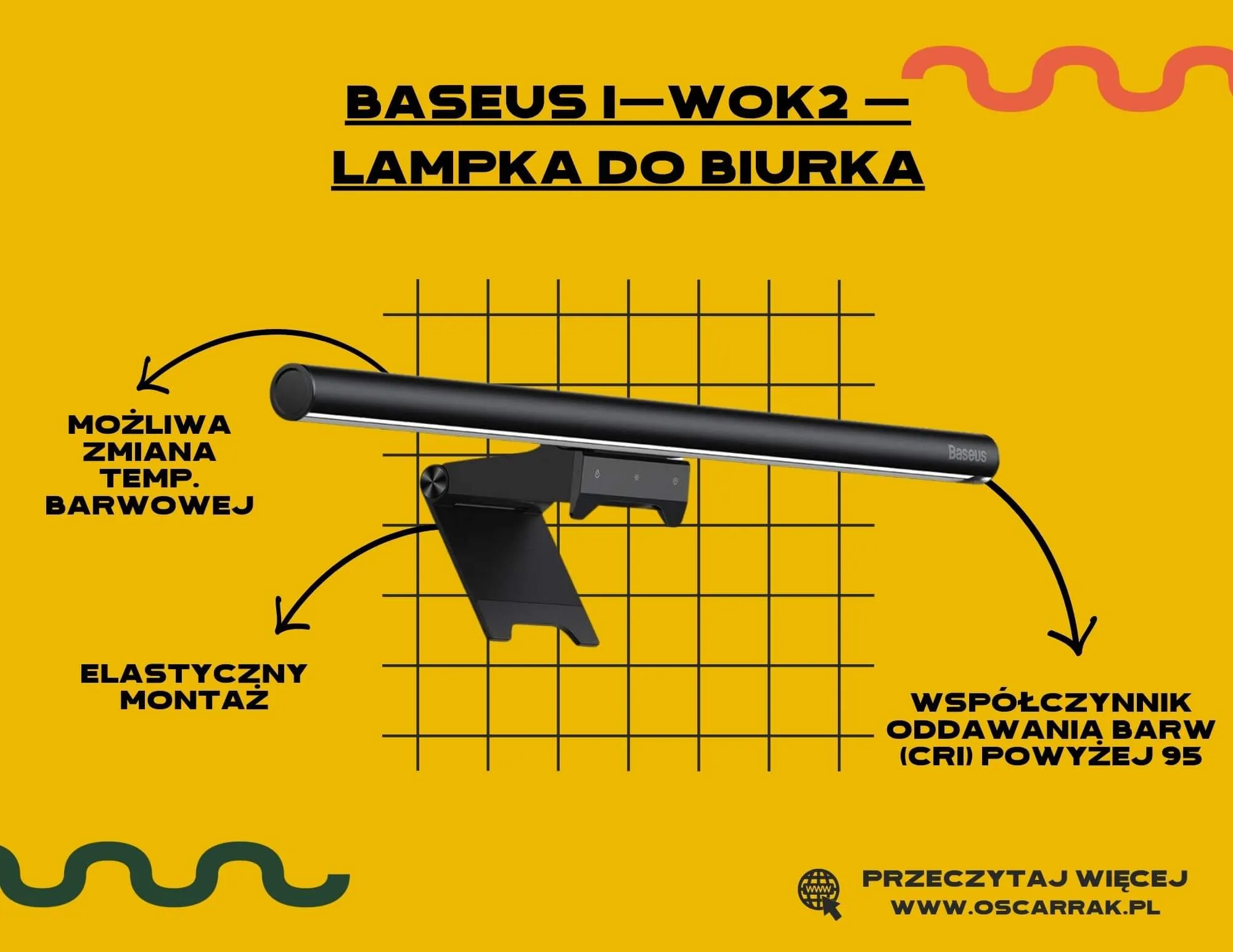 Lampka na monitor Baseus i-wok2 z regulacją temperatury barwowej i opisem zalet
