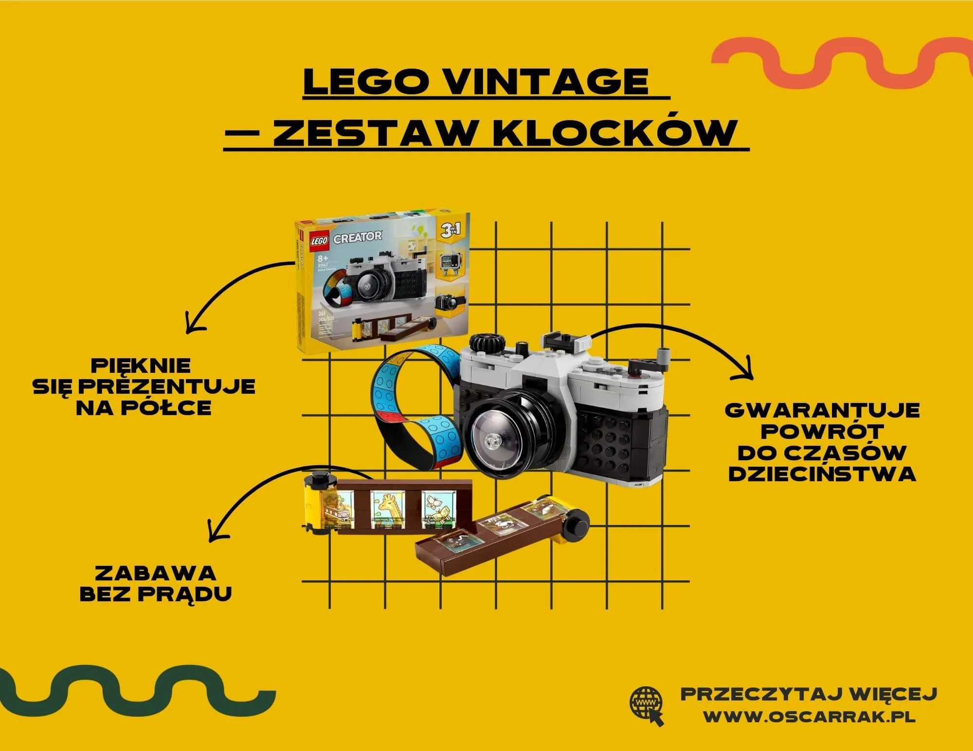 Zestaw klocków Lego Creator z aparatem vintage, pudełko i złożony model