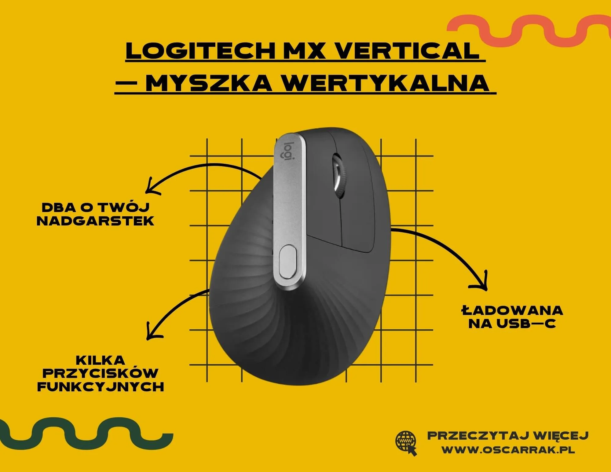 Pionowa myszka Logitech MX Vertical z opisem zalet, ładowana przez USB-C