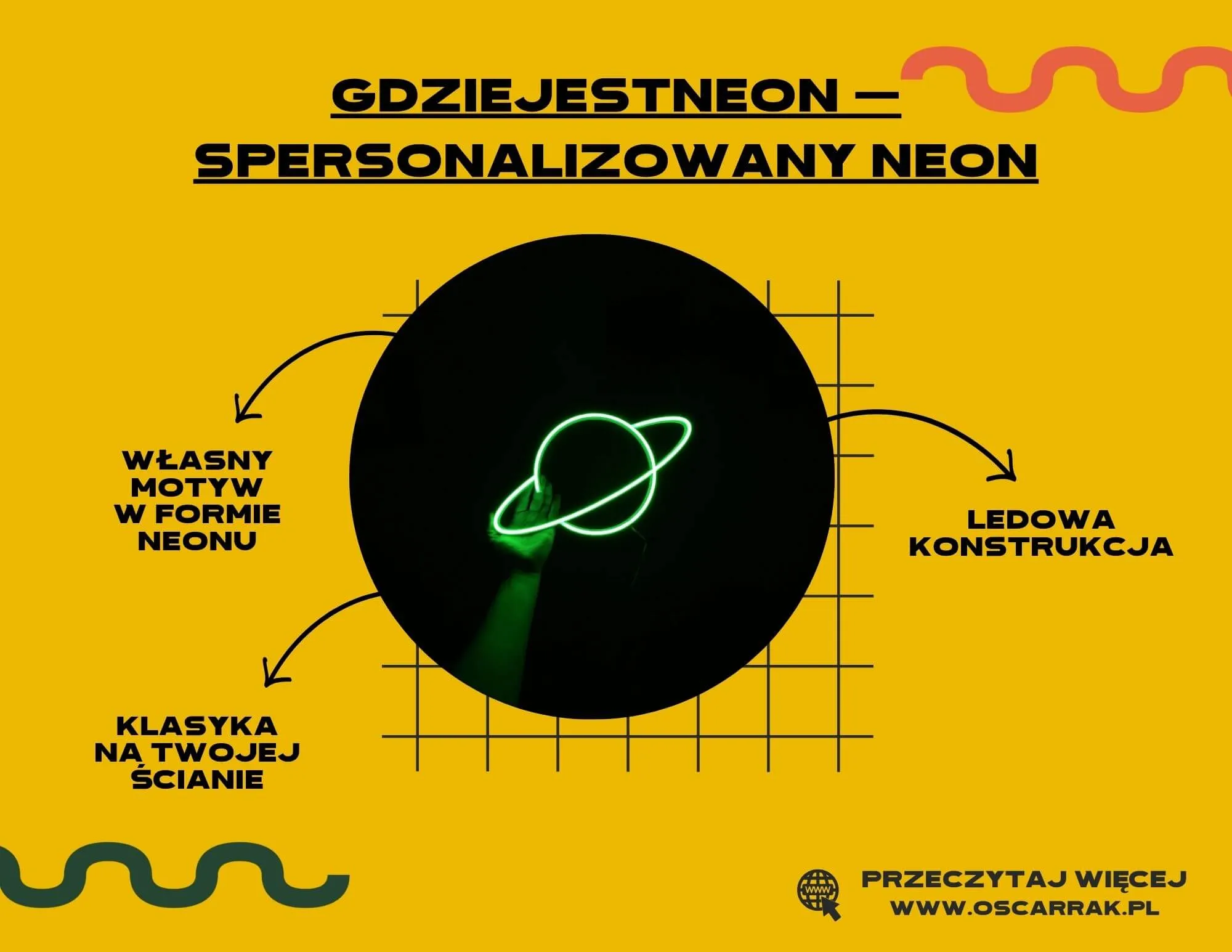 Zielony neon w kształcie planety z pierścieniem jako przykład spersonalizowanego neonu