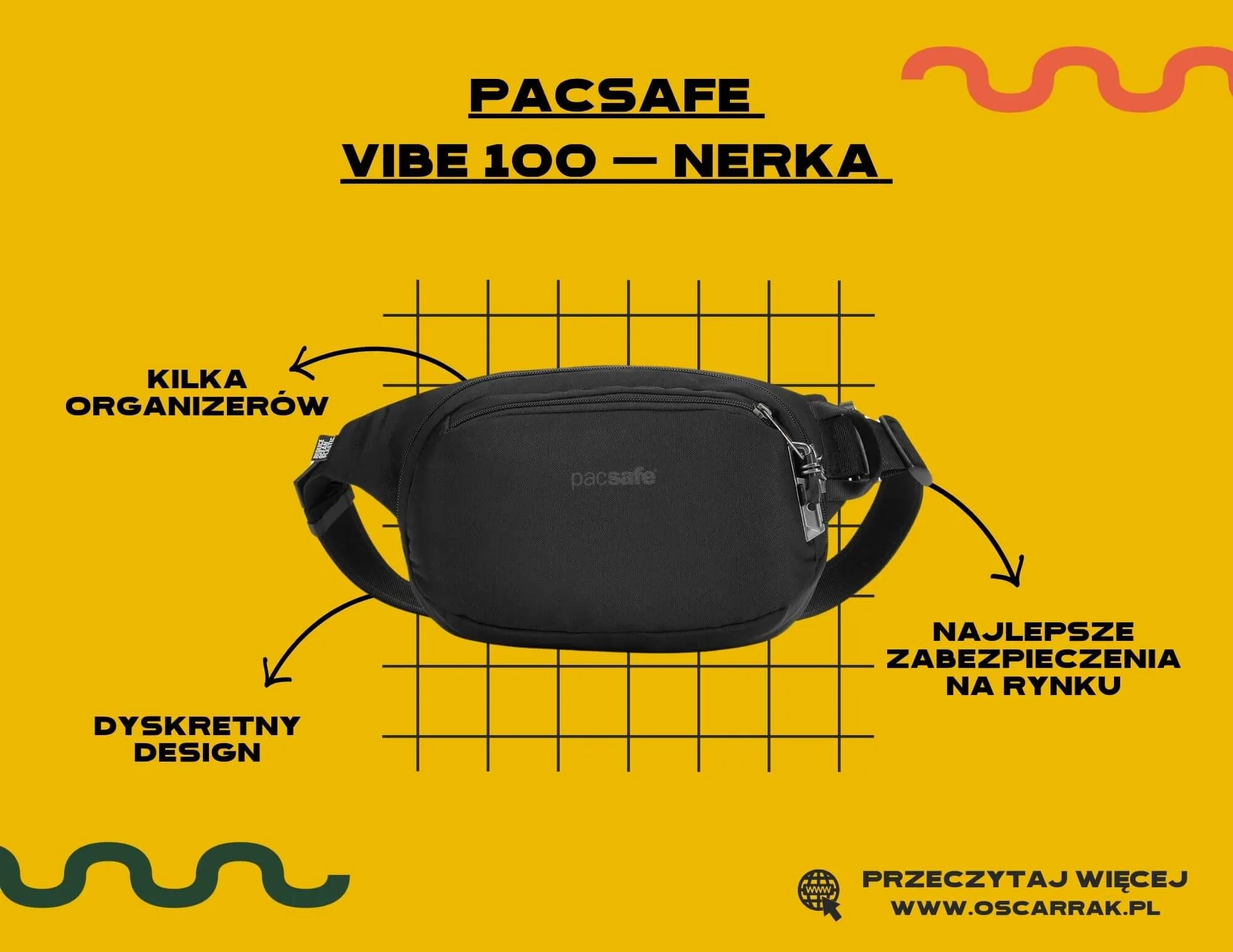 Grafika produktowa czarnej nerki antykradzieżowej Pacsafe Vibe 100 z opisem zalet