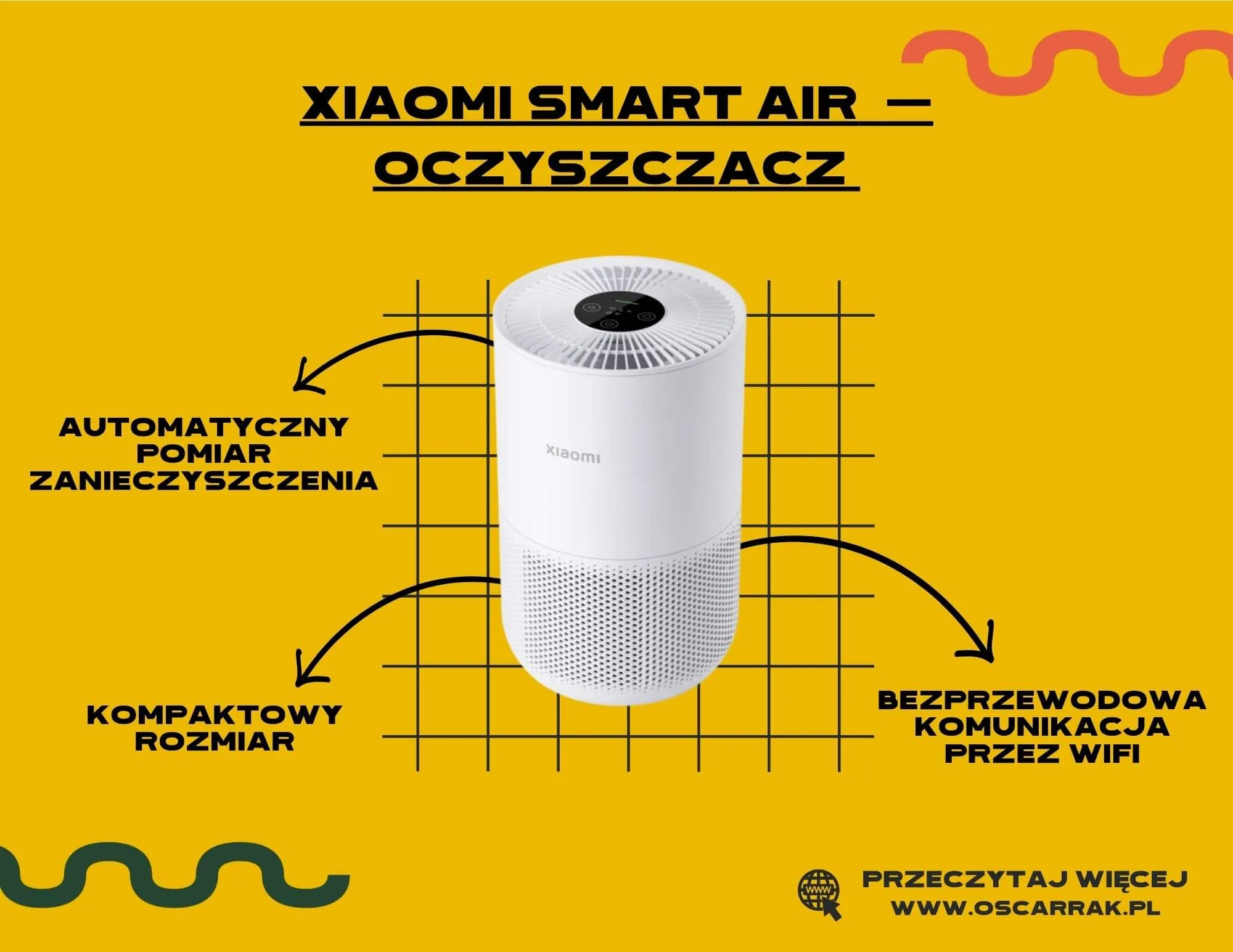 Grafika produktowa oczyszczacza powietrza Xiaomi Smart Air z opisem zalet na żółtym tle