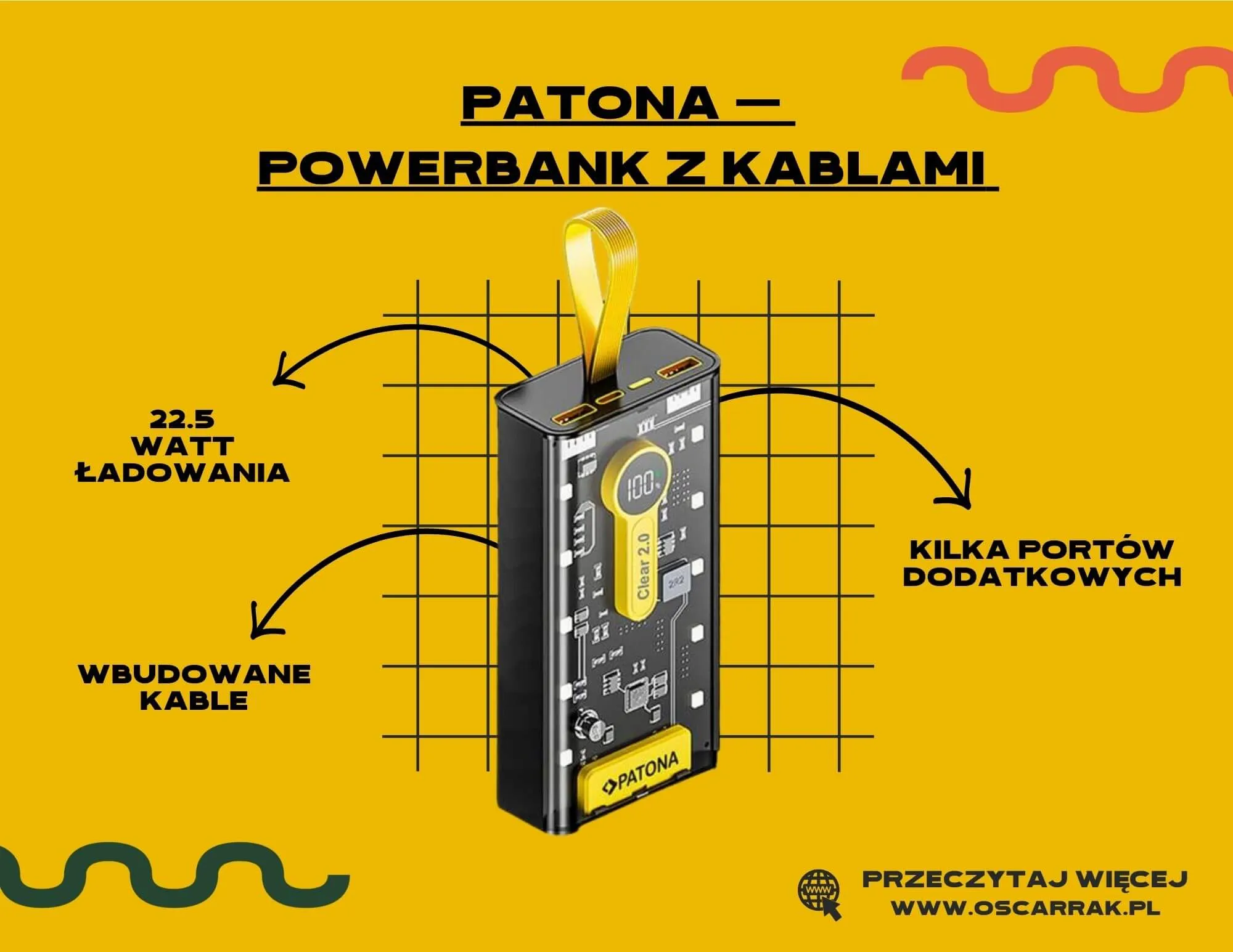 Przezroczysty powerbank Patona Clear 2.0 z wbudowanymi kablami i ładowaniem 22,5 W
