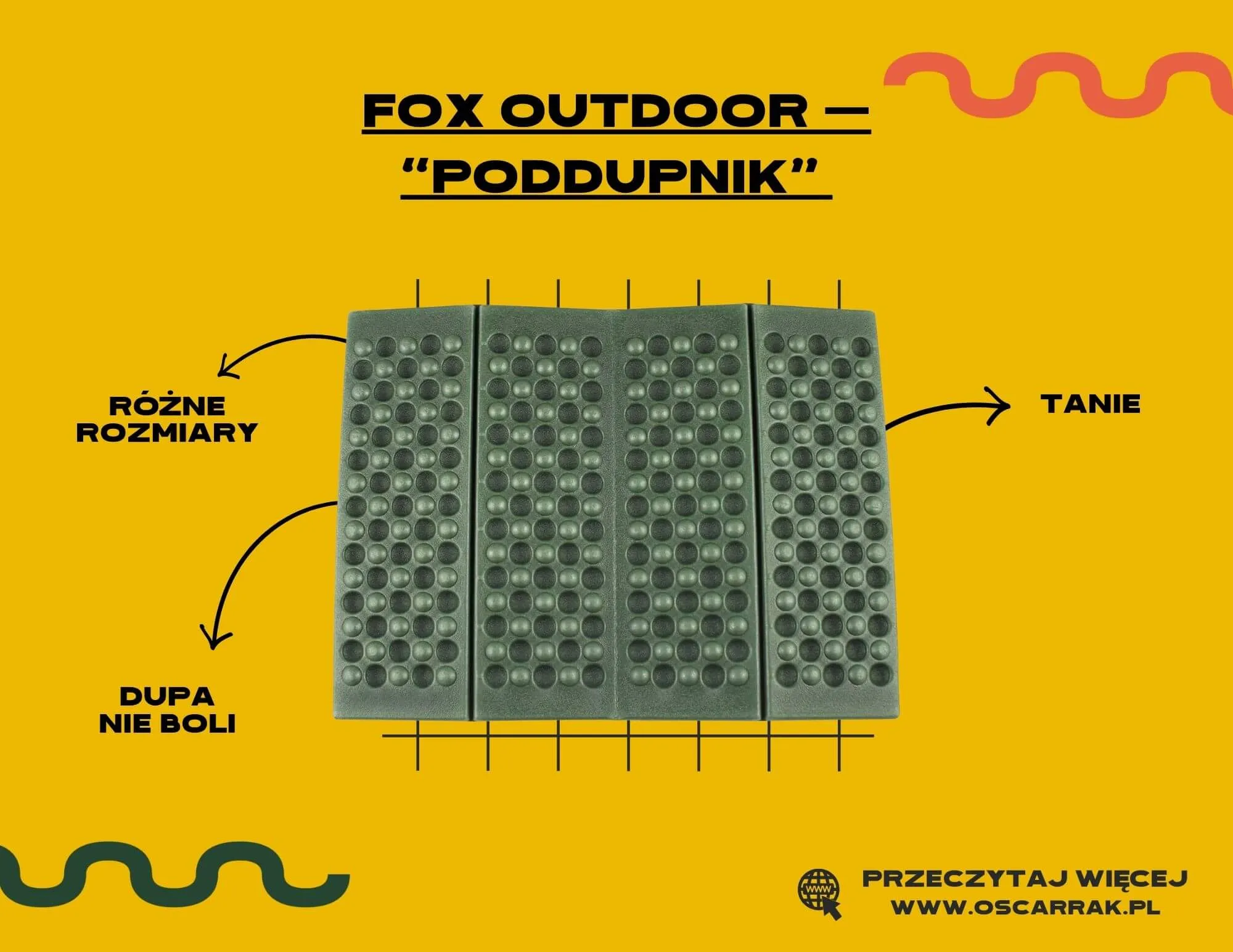 Piankowe siedzisko Fox Outdoor zwane poddupnikiem na żółtej grafice z opisem zalet