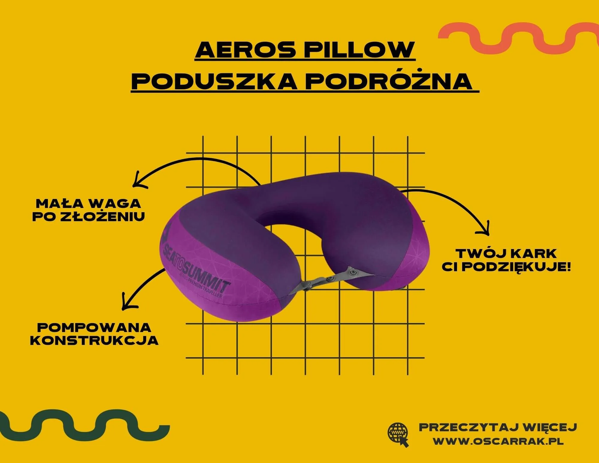 Fioletowa pompowana poduszka podróżna Aeros Pillow z opisem zalet