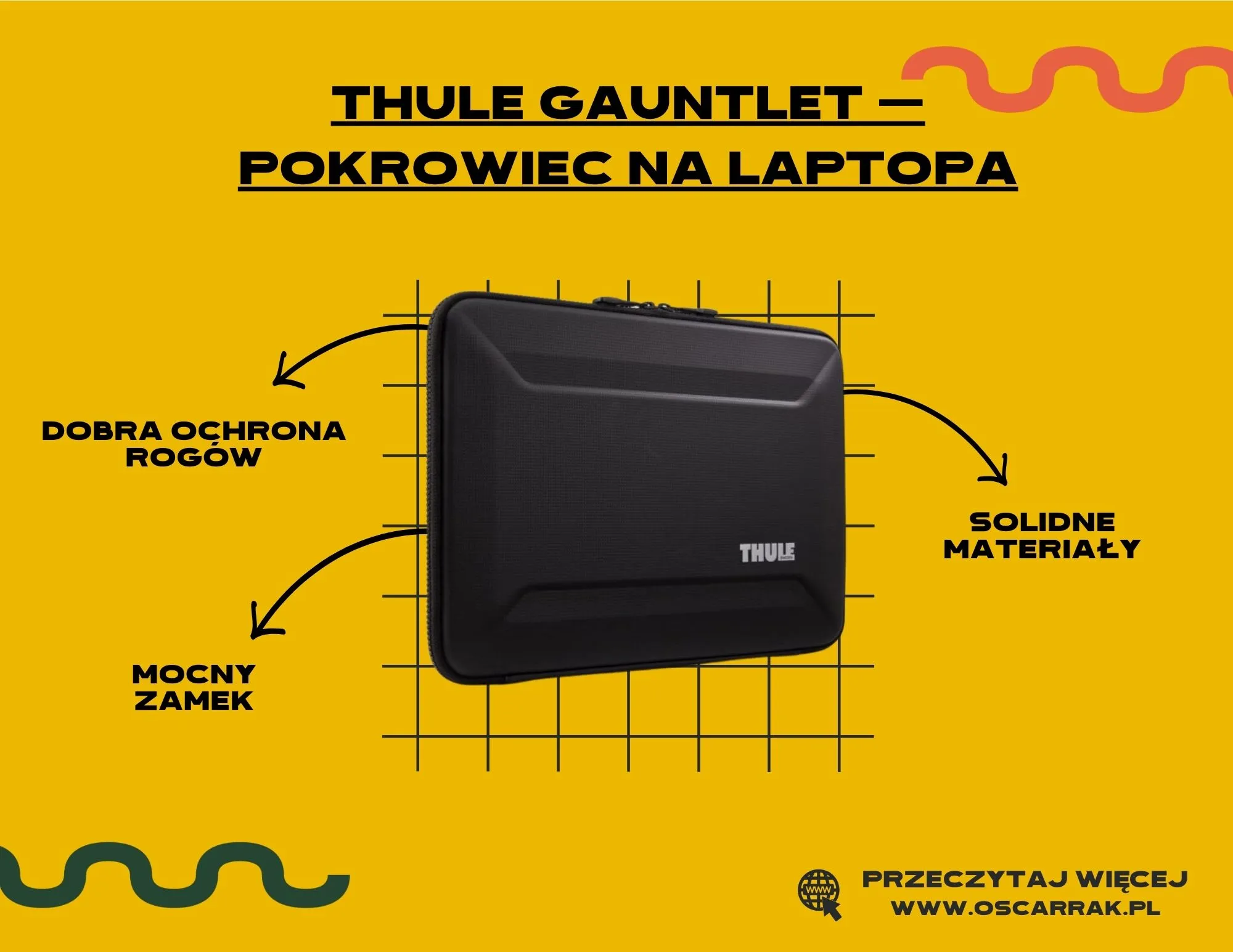 Czarny twardy pokrowiec na laptopa Thule Gauntlet z opisem zalet