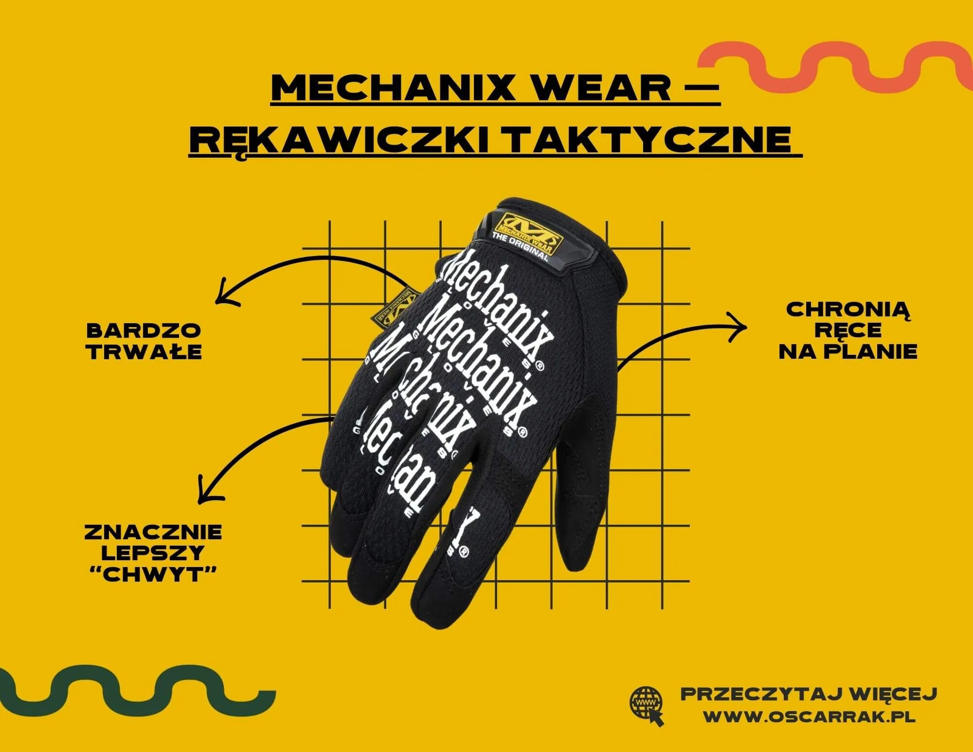 Czarne rękawiczki taktyczne Mechanix Wear na żółtej grafice z opisem zalet