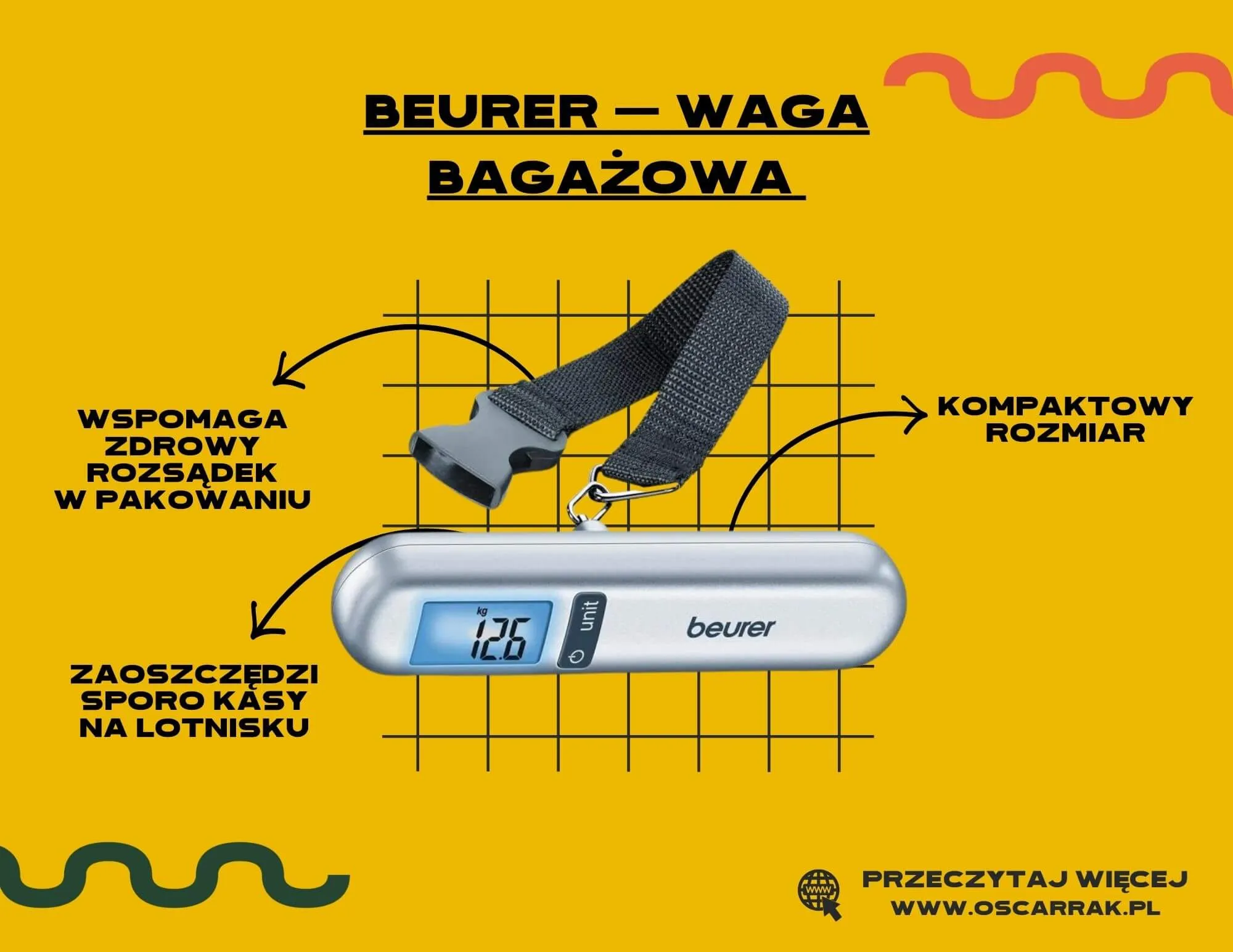 Waga bagażowa Beurer z wyświetlaczem i paskiem, na żółtej grafice z opisem zalet