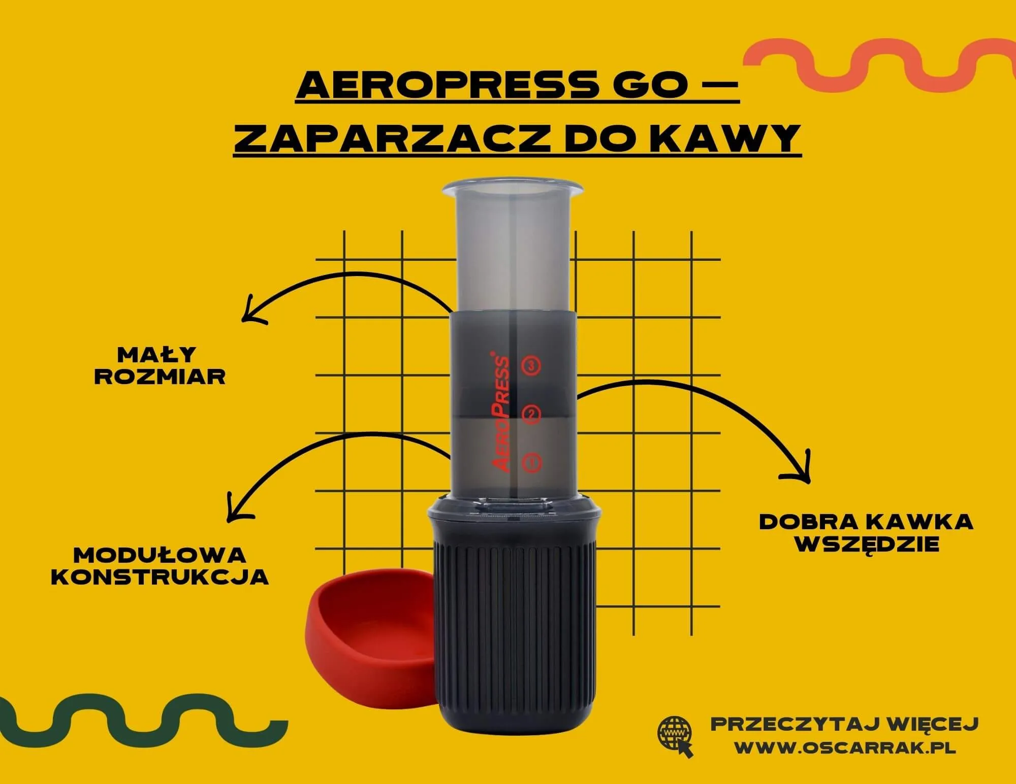 Przenośny zaparzacz do kawy Aeropress Go z czerwonym kubkiem i opisem zalet