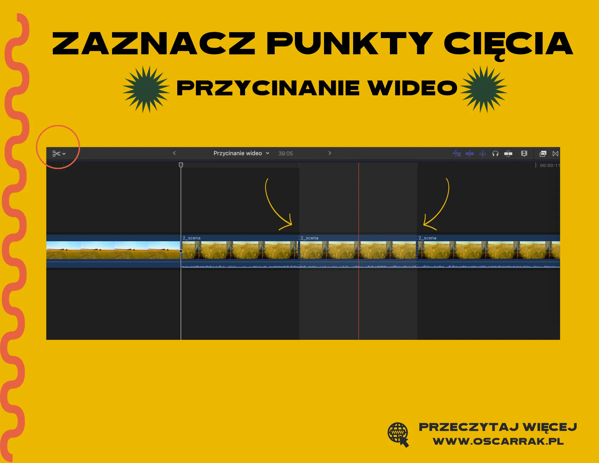 Oś czasu z dwoma punktami cięcia w klipie 2_scena zaznaczonymi strzałkami