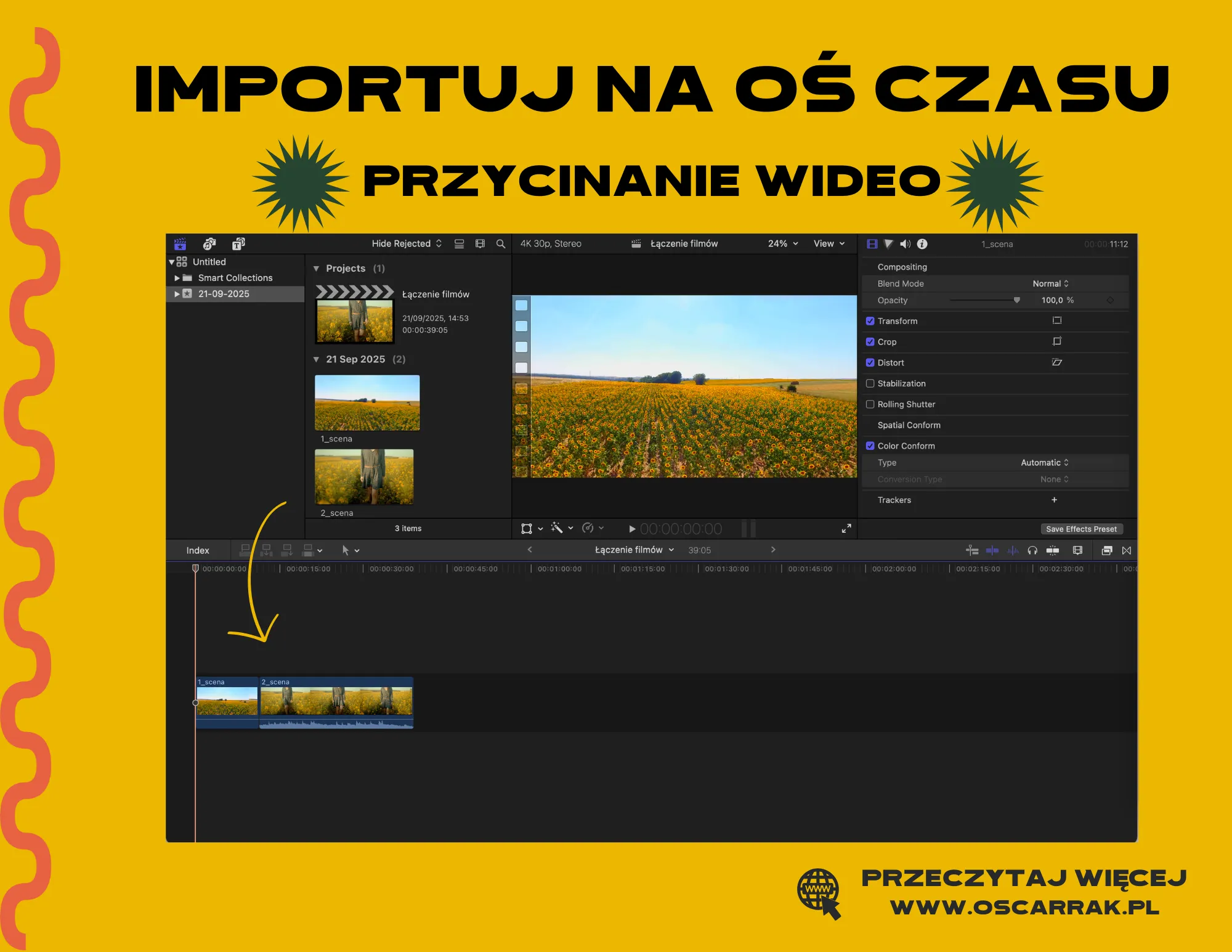 Klipy 1_scena i 2_scena zaimportowane na oś czasu w programie do montażu