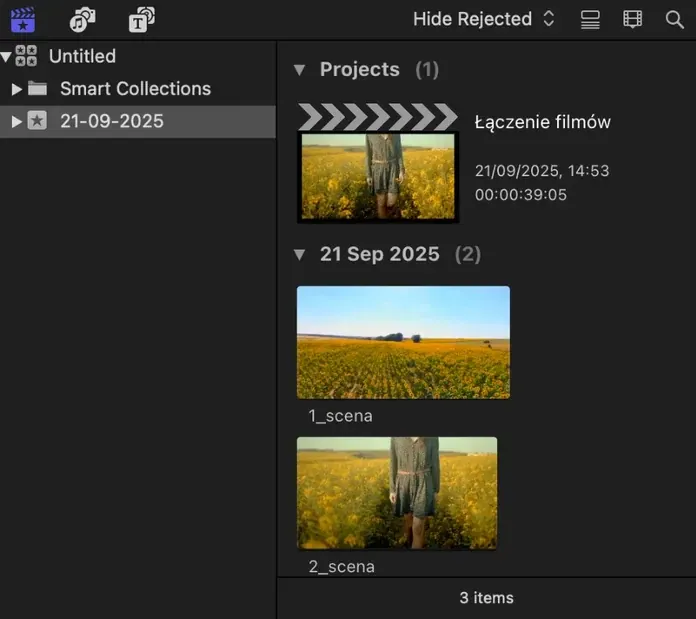 Biblioteka Final Cut Pro po imporcie: projekt Łączenie filmów i dwa klipy, 1_scena z polem słoneczników i 2_scena z osobą w polu