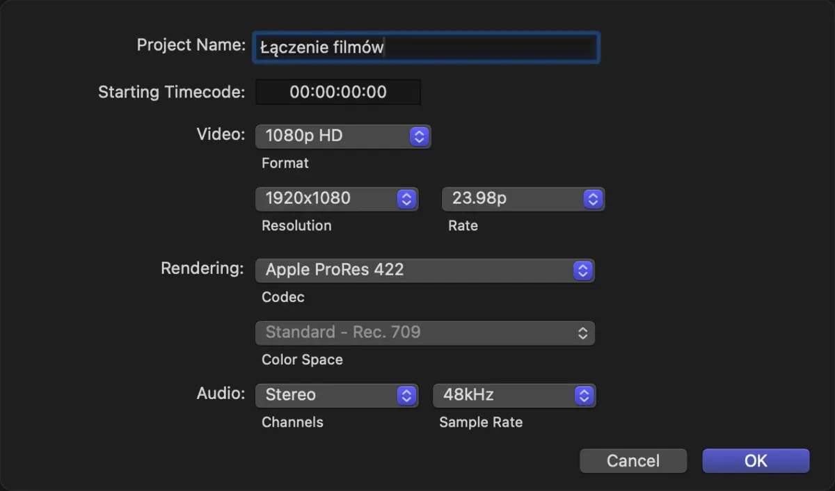 Okno ustawień nowego projektu w Final Cut Pro: nazwa Łączenie filmów, format 1080p HD, rozdzielczość 1920 × 1080, 23,98 klatki na sekundę, kodek Apple ProRes 422 i dźwięk stereo 48 kHz