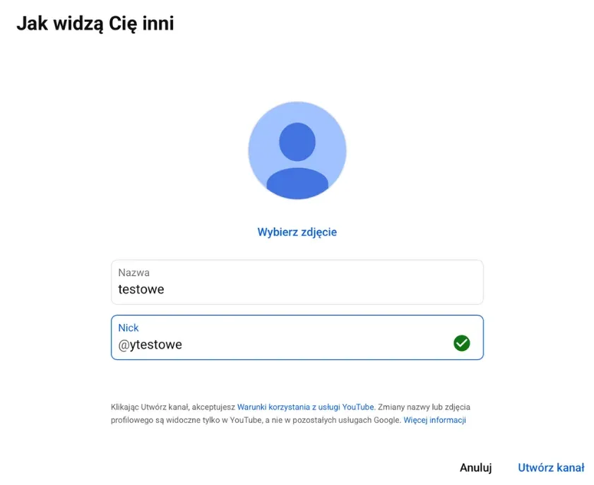 Zrzut ekranu okna Jak widzą Cię inni: wybór zdjęcia, pola Nazwa i Nick oraz przycisk Utwórz kanał