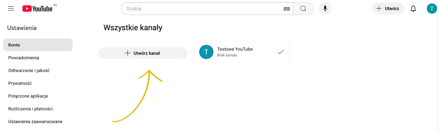 Zrzut ekranu YouTube: Ustawienia, sekcja Konto, lista Wszystkie kanały ze strzałką przy przycisku Utwórz kanał