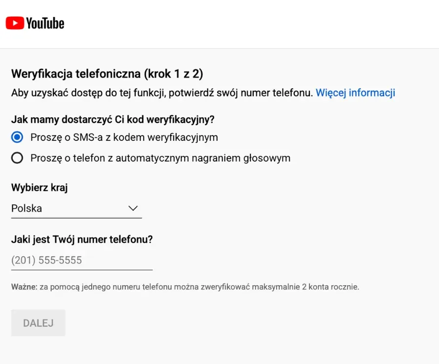 Zrzut ekranu weryfikacji telefonicznej YouTube, krok 1 z 2: wybór SMS-a lub połączenia głosowego, kraj i numer telefonu