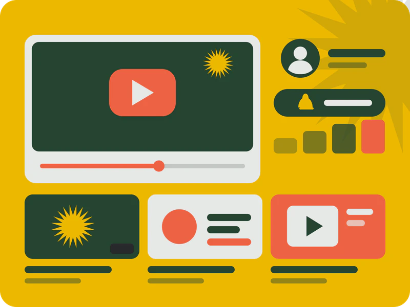 Grafika: odtwarzacz YouTube z przyciskiem play, karta kanału i miniatury kolejnych filmów